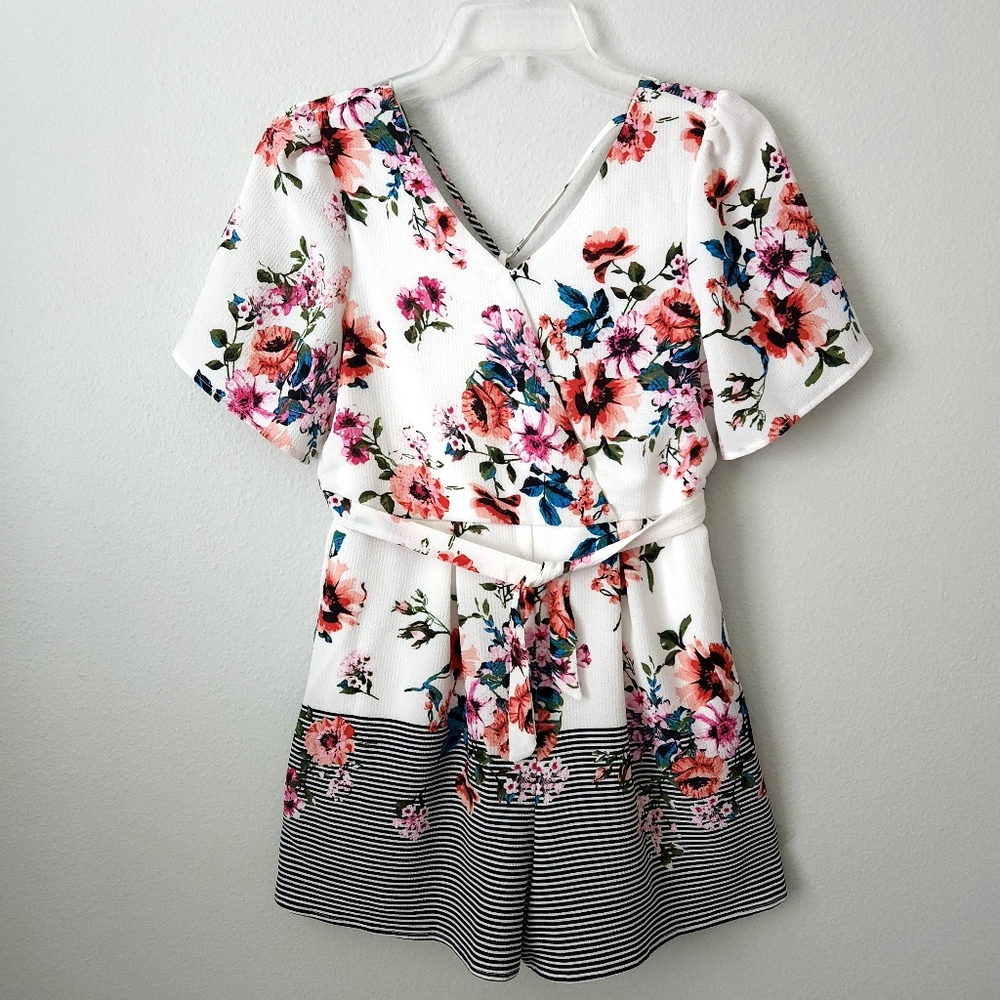 Trixxi Girl V-Neck Floral & Striped Shorts Romper, Girls Size 16